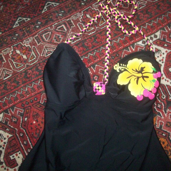 Vintage Y2K Hobie Tankini Womens Medium Black Bright Yellow Hibiscus Halter Top - Picture 1 of 8